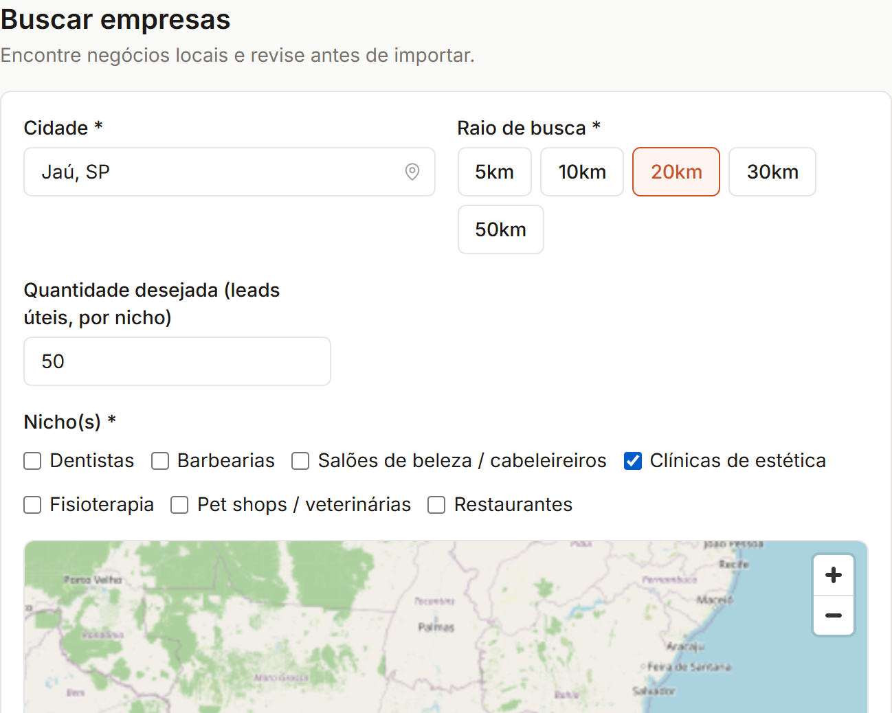 Ferramenta interna Lead Hunter na tela Buscar empresas, com filtros de cidade, raio de busca, quantidade, nichos e mapa. Nenhum resultado de busca exibido