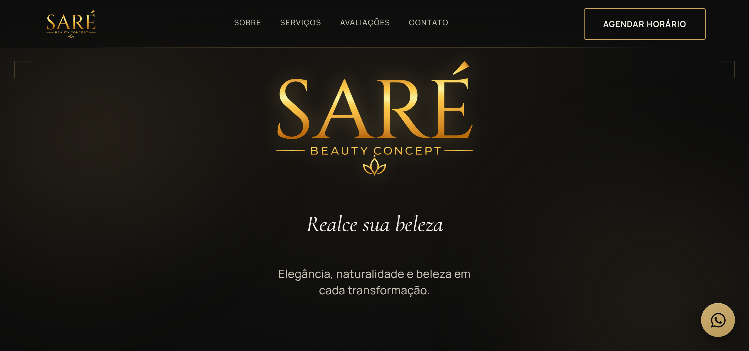 Página inicial do site da SARÉ Beauty Concept, com o logotipo dourado, o menu, a frase "Realce sua beleza" e o texto "Elegância, naturalidade e beleza em cada transformação."